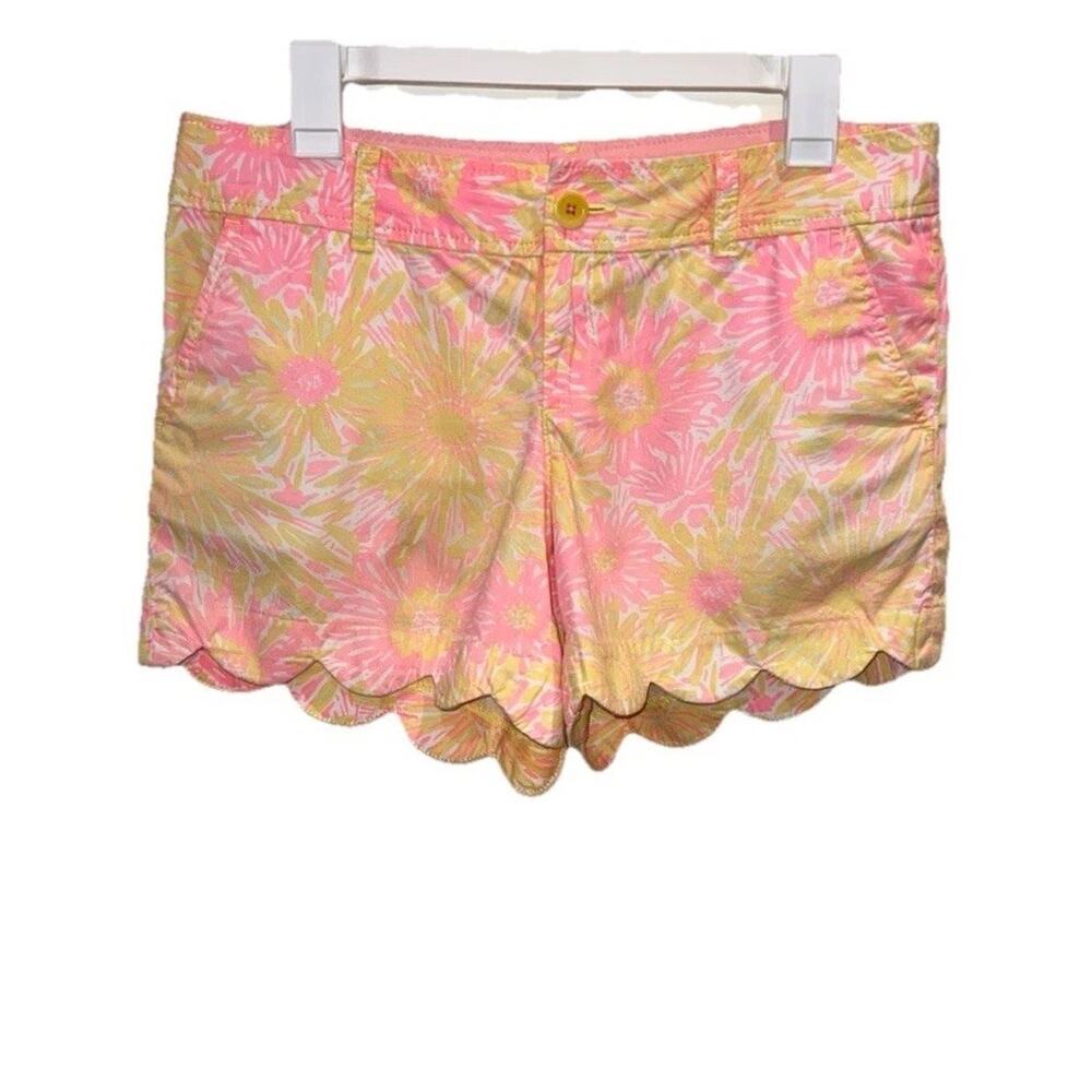 Lilly Pulitzer Buttercup Shorts Pink Yellow Floral Scalloped Hem Preppy SIZE 8